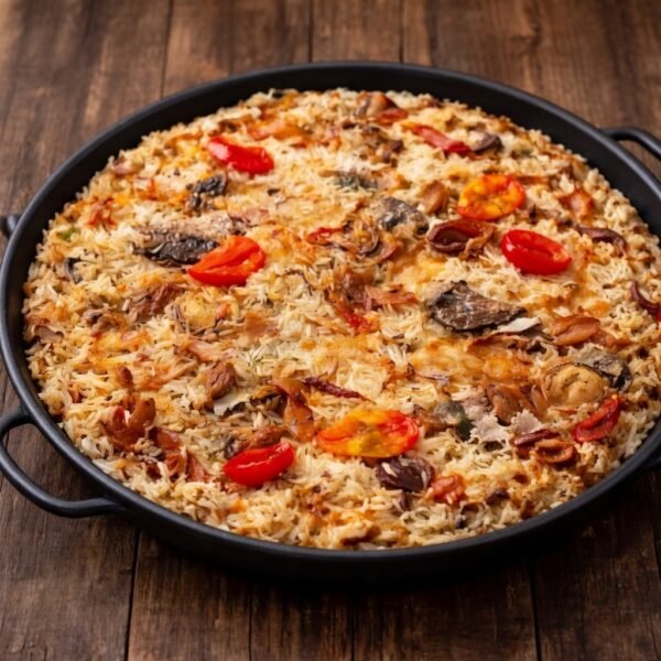 Plato de arroz frito de pescado salado