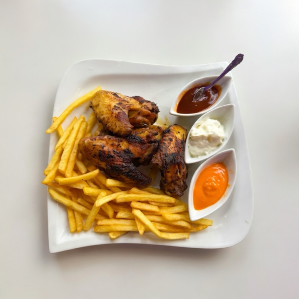 4 alas de pollo a la parrilla con patatas fritas