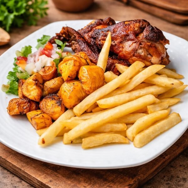 Medio pollo con patatas fritas, platano y ensalada