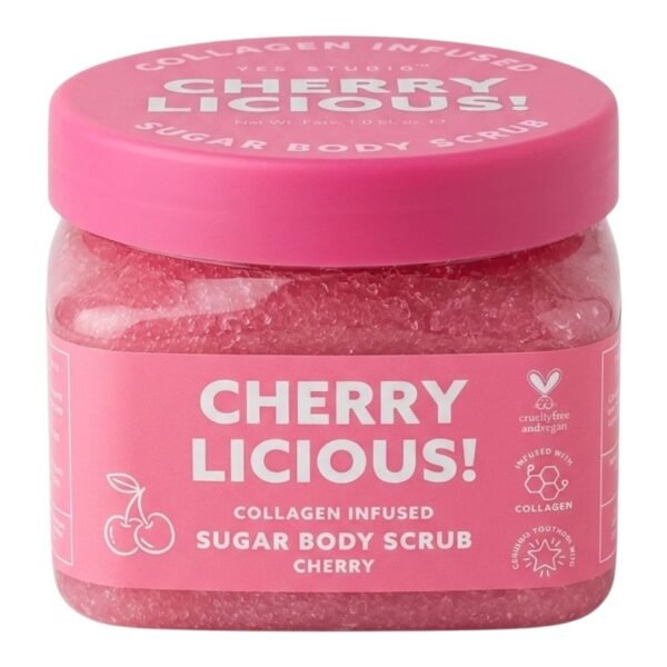 Exfoliante corporal de azúcar infusionado con colágeno, sabor cereza.