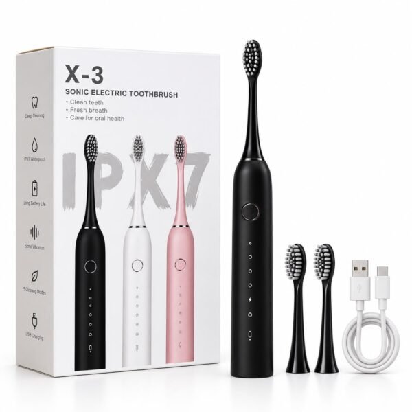 Cepillo de Dientes Eléctrico Sónico X-3 Recargable con 5 Modos de Limpieza y 4 Cabezales Intercambiables – Negro