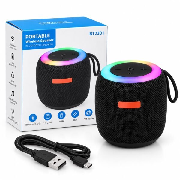 Altavoz Bluetooth Portátil BT2301 con Luces LED RGB, Radio FM y Bluetooth 5.0 – Negro